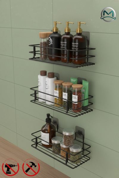 MayCap Matkapsız Yapışkanlı Banyo Mutfak Rafı 3'lü Set Kancalı Çok Amaçlı Ask...