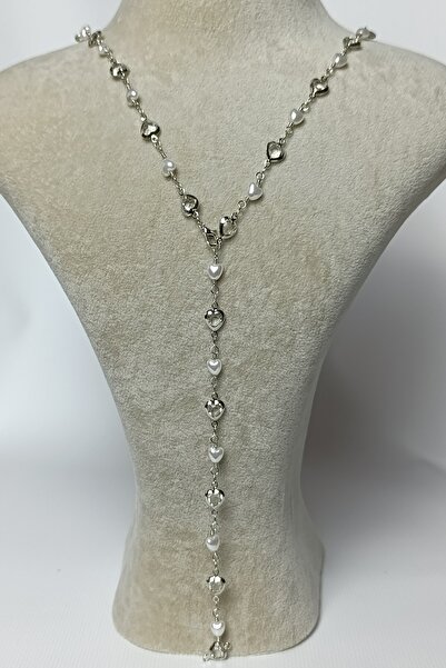 Birmem Kadın Gümüş Rengi İnci Kalp ve Zirkon Kalp Taşlı Y Model Çelik Kolye