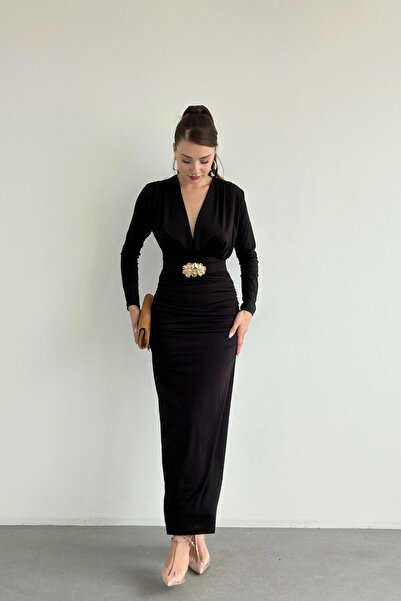 ZDABOUTİQUE Vatkalı Aksesuar Kemerli Drapeli Uzun Kadın Elbise