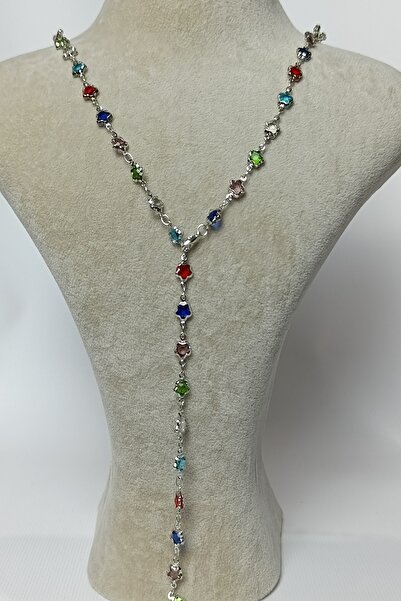 Birmem Kadın Gümüş Rengi Renkli Kristal Çiçek Taşlı Y Model Çelik Kolye