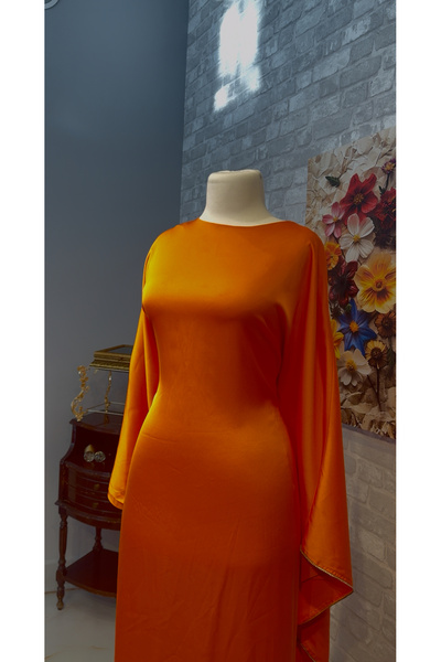 Maison MeDa Modest Evening Dress with Orange Stone Detailing and Cape