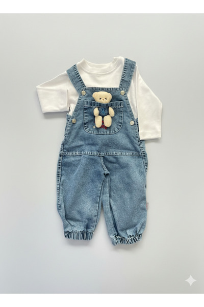 Maxi İdol Unisex Baby Denim 2-Piece Set - Bear Applique Pocket Salopet and White Blouse