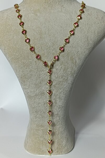 Birmem Kadın Gold Rengi Pembe Kalp Taşlı Y Model Çelik Kolye