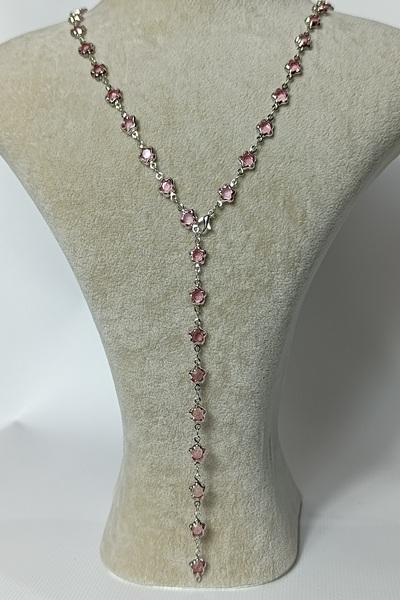 Birmem Kadın Gümüş Rengi Pembe Kristal Çiçek Taşlı Y Model Çelik Kolye