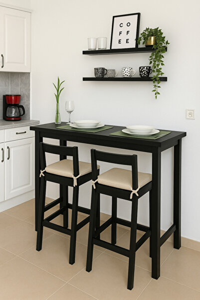 MODERN LİFEE 2 SANDALYE + 60 X 120 AHŞAP BAR MASASI + 2 RAF yüksek masa kahve köşesi