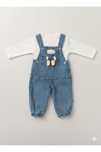 Maxi İdol Unisex Baby Denim 2-Piece Set - Bear Applique Pocket Salopet and White Blouse