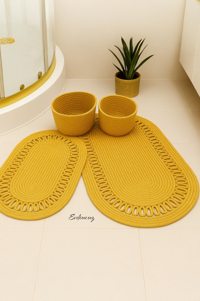evdeucuz Jute Wicker Bath Mat and Toilet Set + 2 Baskets