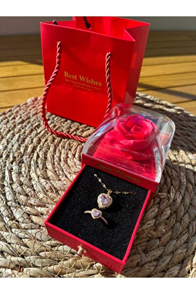 Sarego Best Wishes Zirkon Taş Gold Renkli Kalpli Kolye Yüzük Seti Güllü Kırmızı Takı Kutusu Şık Hediye Seti
