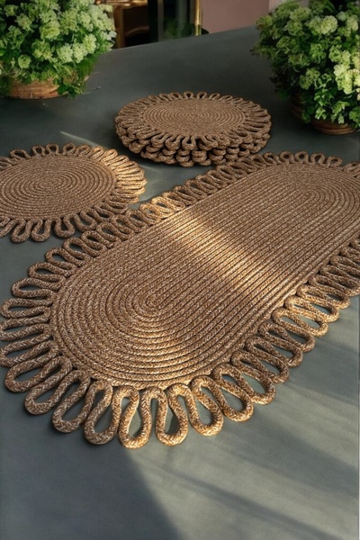 evdeucuz Natural Jute Knitted Reina Collection 6-Piece Placemat+Runner Set 35 cm - American Service Wicker