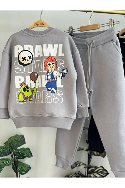 Paty Kids Brawl Stars Baskılı Gri 3 İplik Şardonlu Çocuk Eşofman Takımı