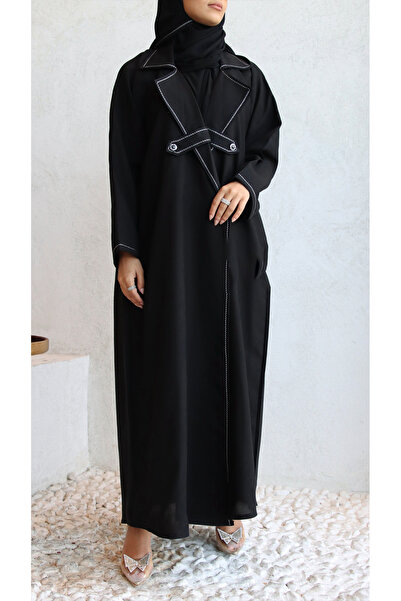 outline Black formal abaya with white embroidery