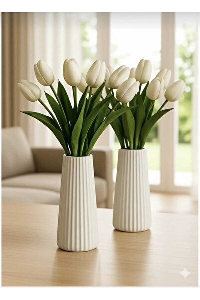 YILDIZ DECOR 2 Pieces Stylish White Striped Flower Vase Concrete Elegant Vase Models for Modern Decoration