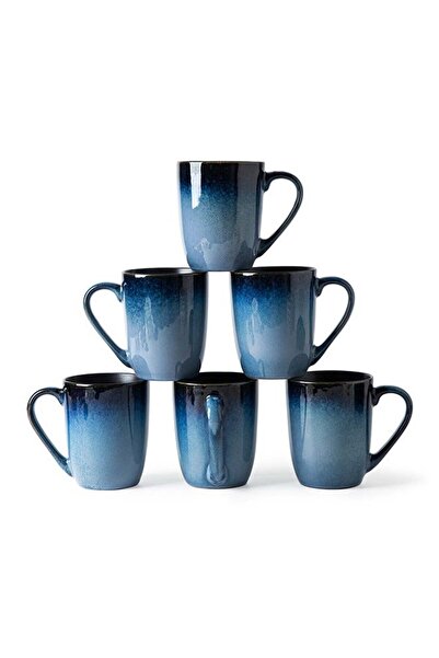 MONİTA طقم أكواب قهوة سيراميك من مونيتو، 6 قطع، سعة 14 أونصة، أزرق، بتصميم عصري مع مقبض