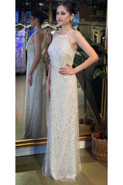 Abiyeniall Bej Halter Yaka İp Askılı Düz Kesim Pullu Boncuklu Uzun Abiye Elbise 11103