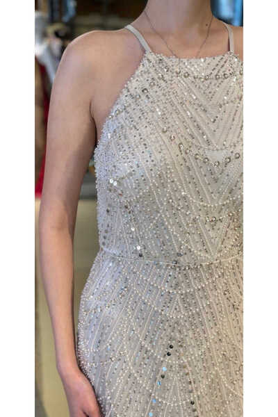 Abiyeniall Bej Halter Yaka İp Askılı Düz Kesim Pullu Boncuklu Uzun Abiye Elbise 11103