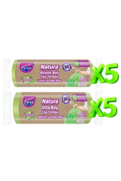 Parex أكياس قمامة ناتورا برباط، 5 عبوات متوسطة الحجم و5 عبوات كبيرة الحجم