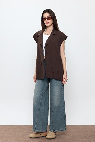 SHERIN Brown Oversize Vest with Stitching Detail