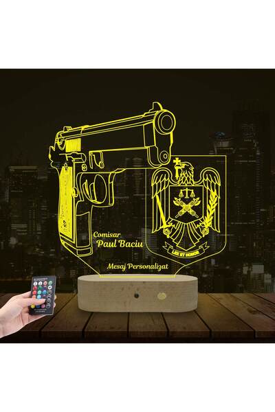 Cadouri Trend Lampă Personalizată 3D în formă de Pistol și Simbolul Poliției Române pentru Polițiști