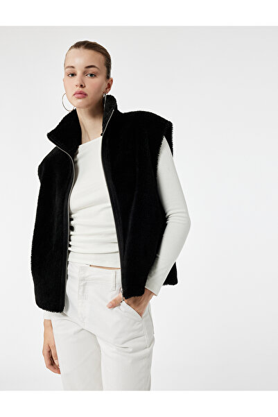 Koton Zippered Long Shawl Collar Plush Vest