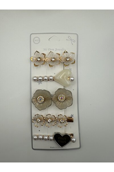 PONÇİK ACCESSORİES 5-piece heart, floral, pearl, and stone hair clip set