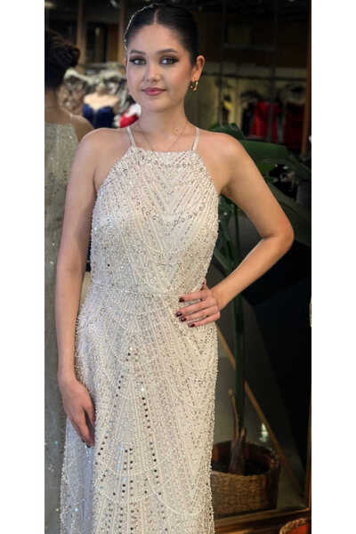 Abiyeniall Bej Halter Yaka İp Askılı Düz Kesim Pullu Boncuklu Uzun Abiye Elbise 11103