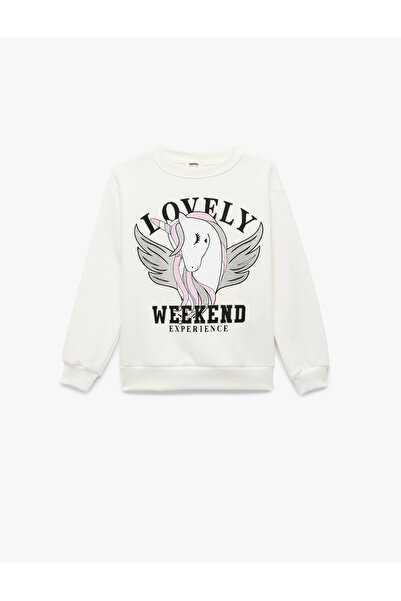 Koton Three Yarns Ş Fleece-Lined Unicorn B Printed Long Sleeve Crew Neck Sweatshirt