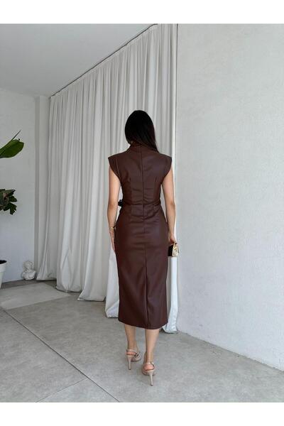 Mooi Butik TAYLOR Midi Deri Elbise 8570 - Acı Kahve