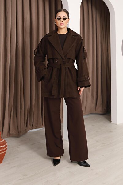 polle Palton maro pentru femei, cu bretele duble, oversize, cu curea, din cat...