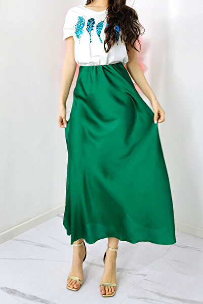 FashionForYou Elegant Penelope skirt, with satin texture and long cut, Green, Size S/M/L
