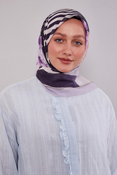 Levidor Βαμβακερό κασκόλ με λιλά ριγέ σχέδιο λουλουδιών