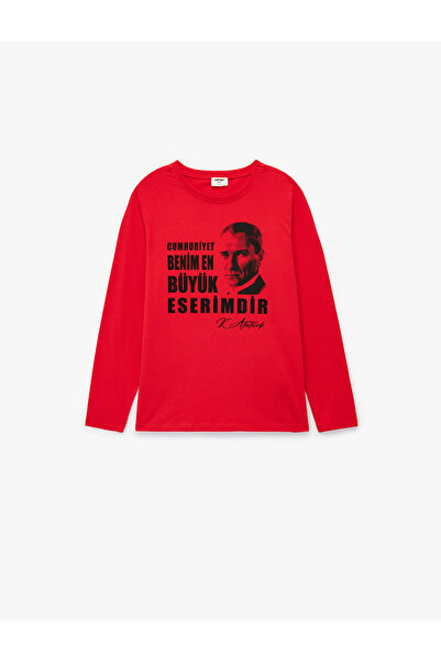 Koton Cotton Long Sleeve Crew Neck Ataturk Printed T-Shirt