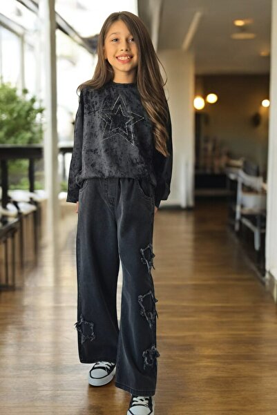 QUB CLUB Κοριτσίστικο τζιν παντελόνι με φαρδιά πόδια, σετ 2 τεμαχίων, μπορείτ...