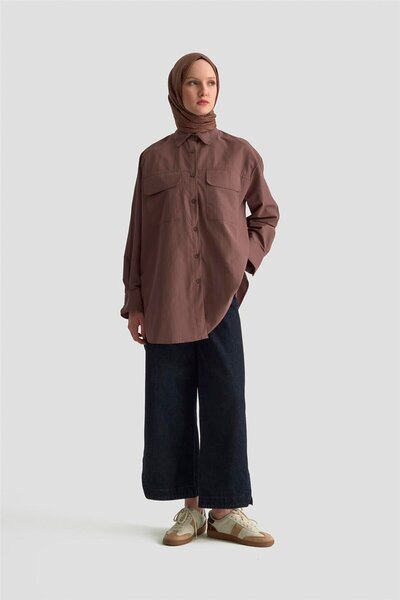Armine İki Cepli Oversize Gömlek 25YH3443 Kahverengi