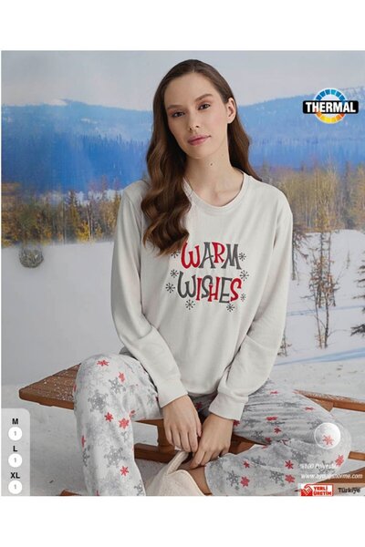 İntive Lingerie Σετ χειμωνιάτικων πιτζάμες θερμοκρασίας θερμοκρασίας με θερμική προστασία με τον εκτύπωση 'Warm Wishes' της Aydoğan