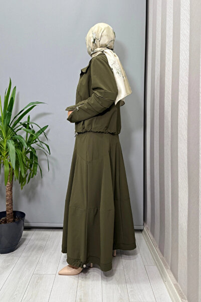 MissWhence Dikiş ve Büzgü Detaylı Ceket Etek Takım Haki 38208