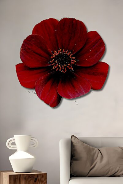 Teona Ahşap Dekoratif Ahşap Yuvarlak Tablo Kırmızı Çiçek