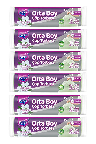 Parex Büzgülü Çöp Torbası Yasemin Kokulu 15'li Orta Boy 55 x 60 cm Altılı Paket
