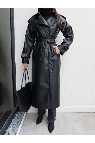 ESRAHELVACI Apolet Detay Kuşaklı Deri Trench