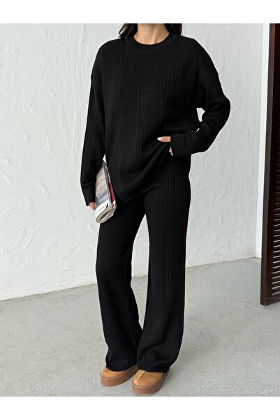 BEJNA Women's Crew Neck Ribbed Top and Bottom Knitwear Set