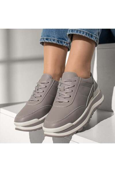 BMoD Pantofi sport gri din piele pentru femei cu talpă groasă MOD12975