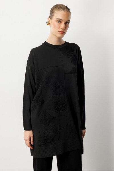 accort Simli Çiçek Detaylı Triko Tunik-SİYAH