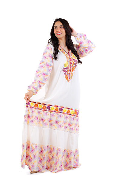 amaan Women's Embroidered Jalabiya Dress, Floral Design with V-Neck, Arabic Dress for special occasions.