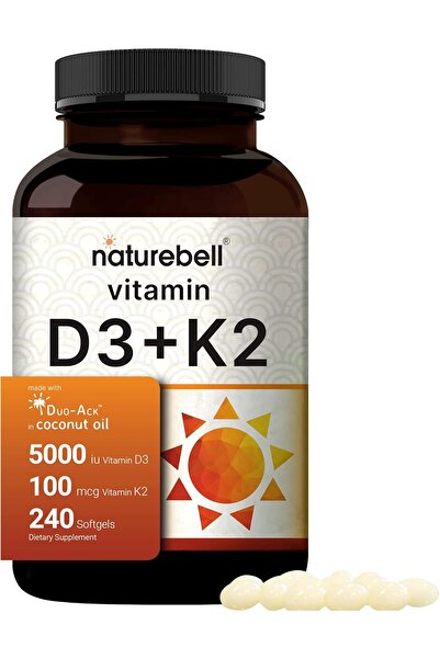 Naturebell فيتامين د3 ك2 (MK7) مع زيت جوز الهند البكر، 240 كبسولة هلامية، فيت...