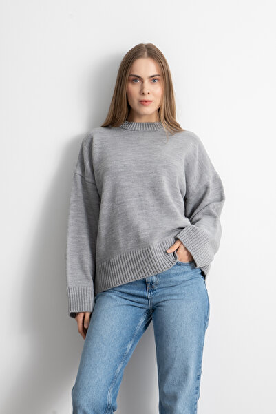 Shophia Pulover gri cu gât rotund, oversize