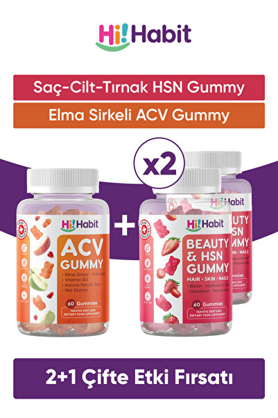 Hi Habit Hsn Hair, Skin and Nail Vitamin - Acv Apple Cider Vinegar Gummy Supp...