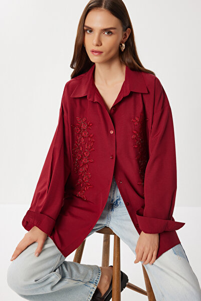 Lovelyİstanbul Beaded Embroidered Oversize Woven Shirt Lrg0050 Bordo