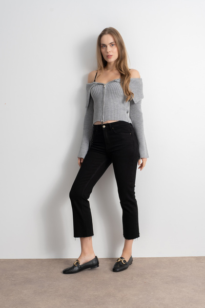 Shophia Women's Double Zipper Ribbed Knit Cardigan - Gray