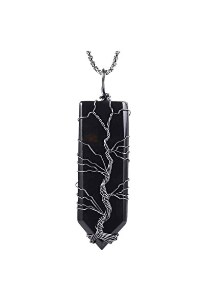craftmystic Colier cu pandantiv hexagonal din cristal de obsidian - Lucrat manual, înfășurat într-un fir de cupru de culoare argintie