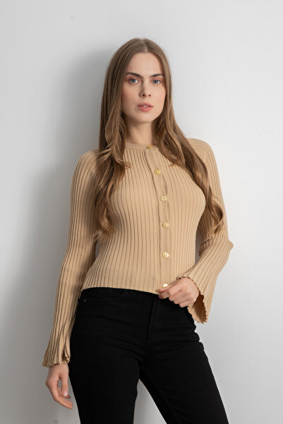 Shophia Cardigan tricot cu mâneci spaniole cu nasturi - Bej