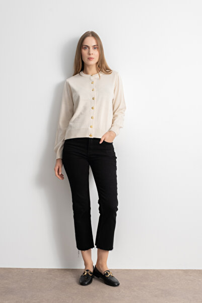 Shophia Women's Gold Buttoned Basic Knit Cardigan - Cream